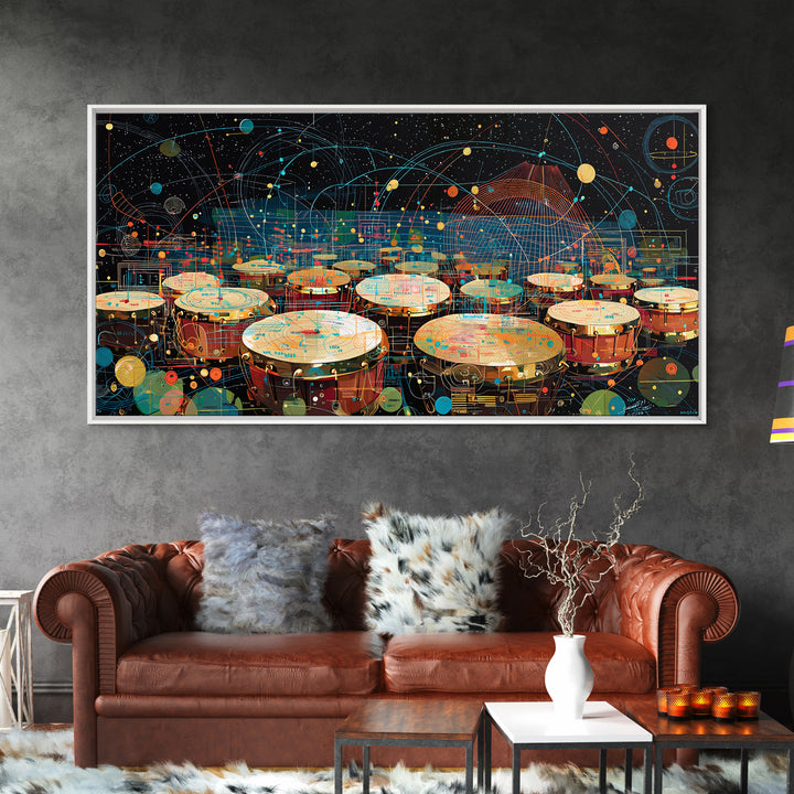 Futuristic Afro Drums Under Cosmic Orbits Canvas Print, Modern African Art, Music Room Decor, Afrofuturism Decor, Bold Art