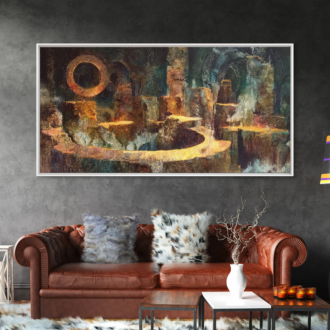 Mystic Ancient City With Golden Path Framed Canvas Print, African Abstract Art, Spiritual Wall Decor, Luxury Canvas Art Print