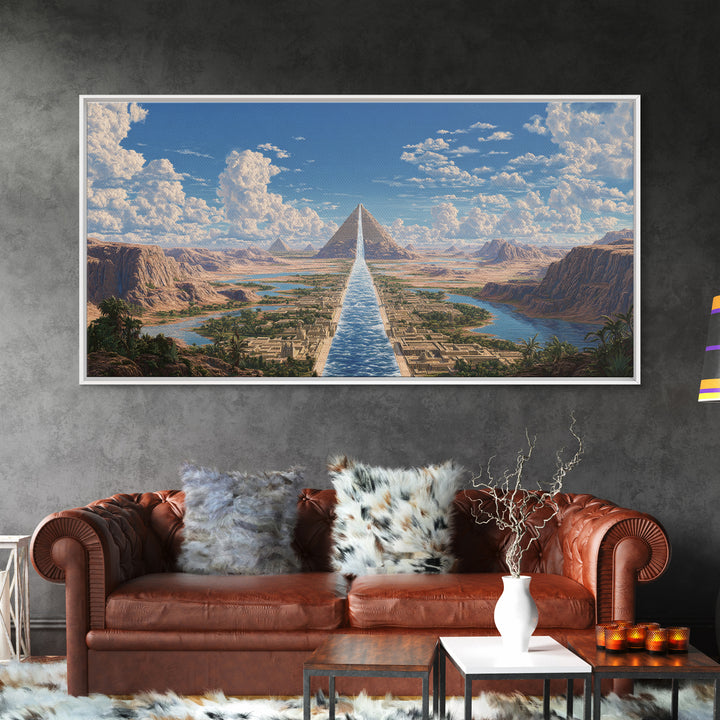 Sunlit Pyramids And River Oasis Canvas Print, African Egyptian Art, Landscape Wall Art, Travel Poster, Elegant Home Decor