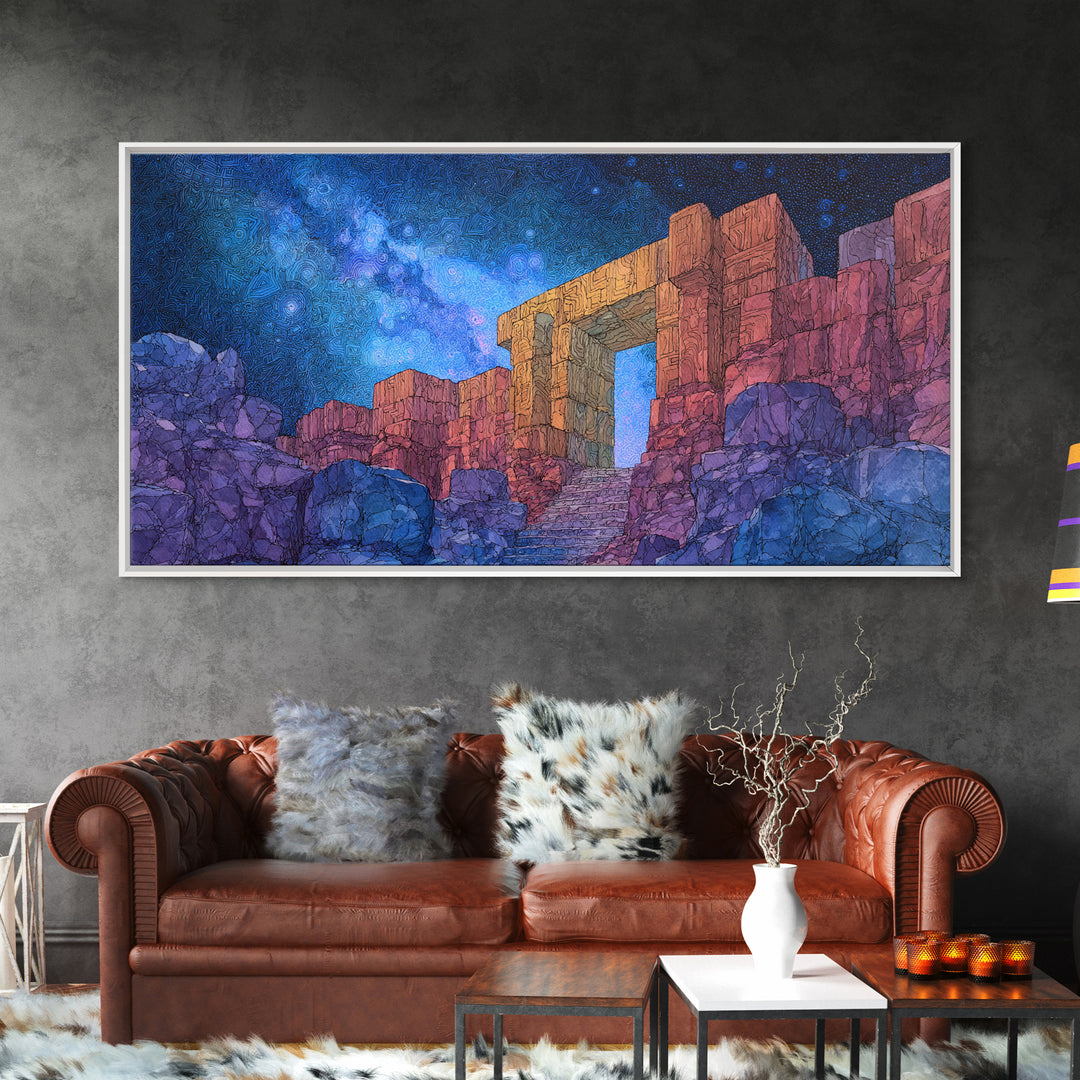 Ancient Desert Ruins Under Starry Blue Sky Wall Art, Mystical Temple Landscape, Boho Home Decor, Fantasy Travel Poster Print