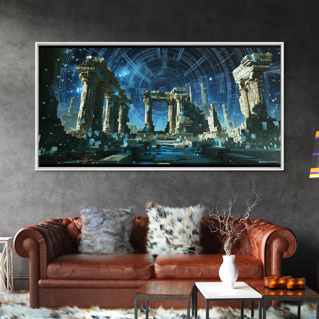 Glowing Futuristic Temple Columns In Blue Starlight Canvas Print, Sci Fi Ruins Wall Art, Modern Fantasy Home Decor, Celestial Poster