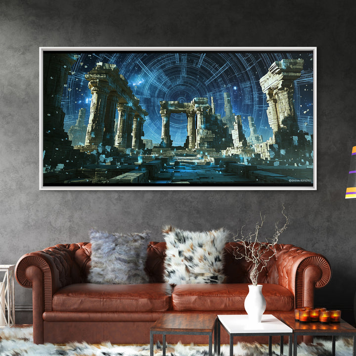 Glowing Futuristic Temple Columns In Blue Starlight Canvas Print, Sci Fi Ruins Wall Art, Modern Fantasy Home Decor, Celestial Poster
