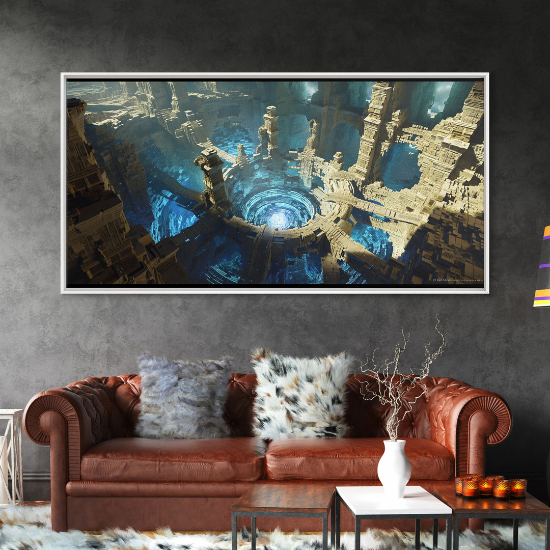 Vast Circular Ancient City With Blue Abyss Framed Canvas Print, Futuristic Ruins Wall Art, Luxury Fantasy Home Decor, Sci Fi Architecture