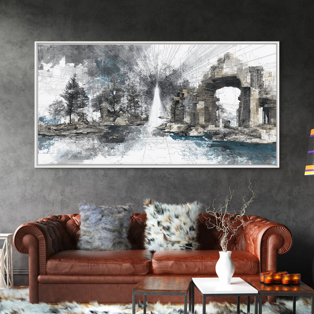 White Fountain Light Beside Ruined Stone Arch Wall Art, Minimalist Landscape, Black And White Office Decor Canvas Print Poster