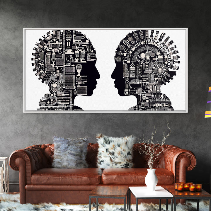 Black And White Profile Faces With Mechanical City Patterns Wall Art, Geometric Portrait Canvas Print, Modern Office Decor