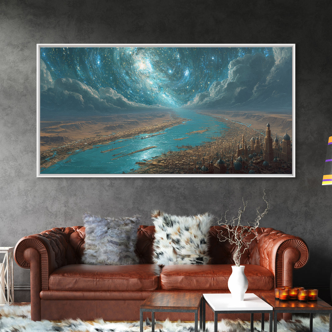 Cosmic Nile River City Under Swirling Galaxy Wall Art, Egyptian Inspired Landscape Canvas Print, Luxury Home Decor Poster