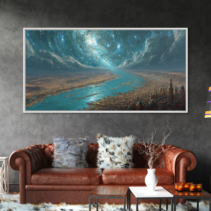 Cosmic Nile River City Under Swirling Galaxy Wall Art, Egyptian Inspired Landscape Canvas Print, Luxury Home Decor Poster