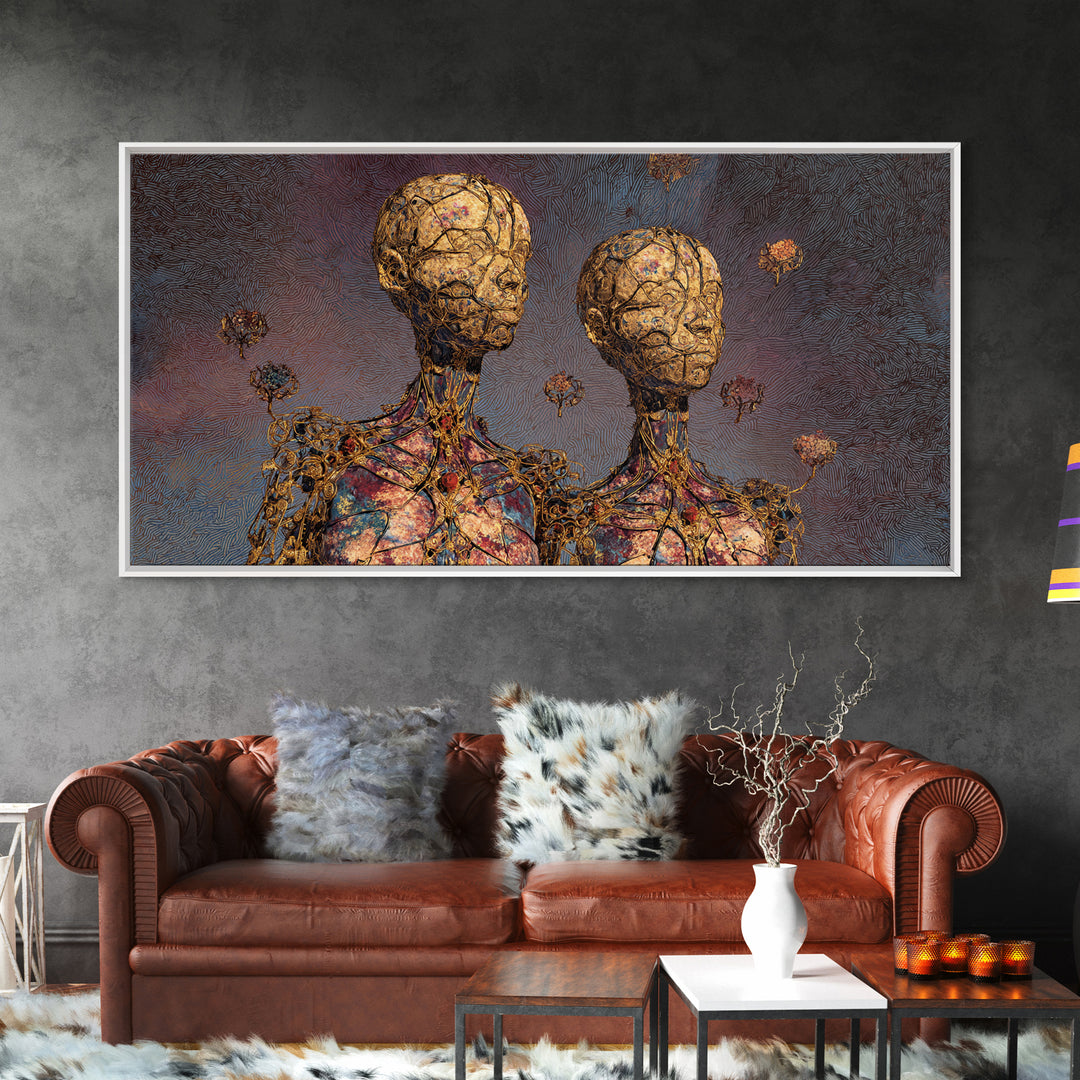 Golden Twin Figures With Floral Orbs Framed Canvas Print, Afrofuturism Decor, Abstract Portrait Wall Art, Luxury Home Decor