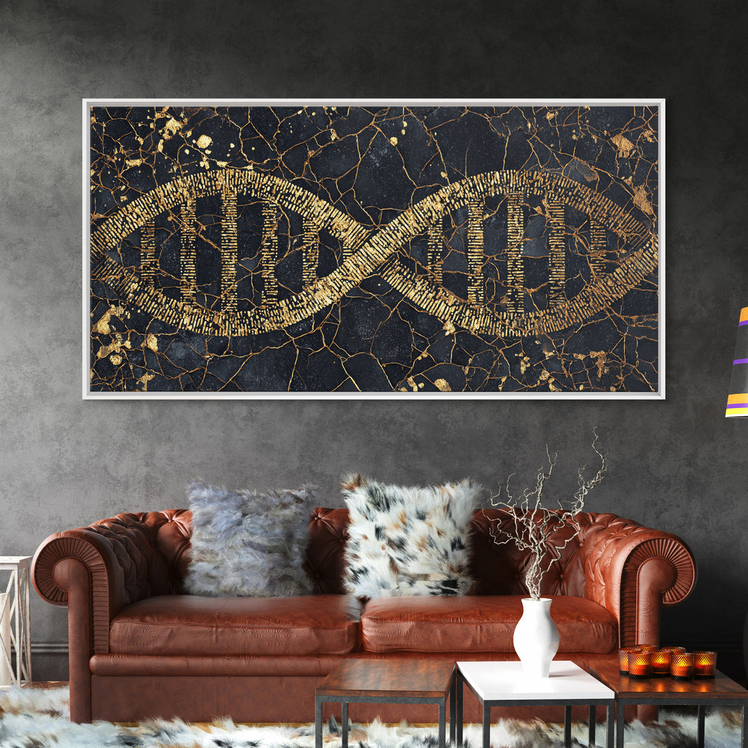 Ancient Gold DNA Strand Canvas Print, Black Marble Science Wall Art, Abstract Biology Decor, Luxury Modern Office Artwork