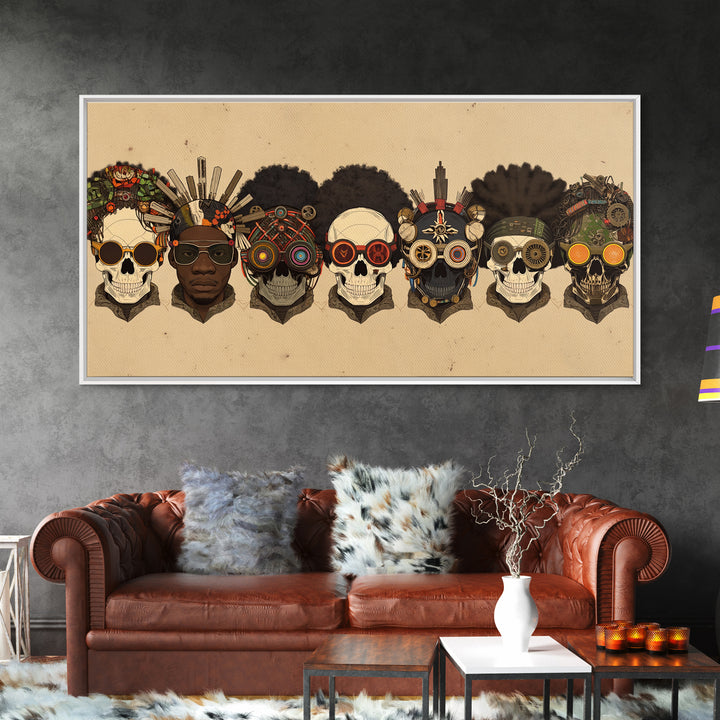 African Skull Lineup With Tribal Headdresses Wall Art, Afrocentric Decor, Cultural Artwork, Bold Canvas Print For Eclectic Home Decor