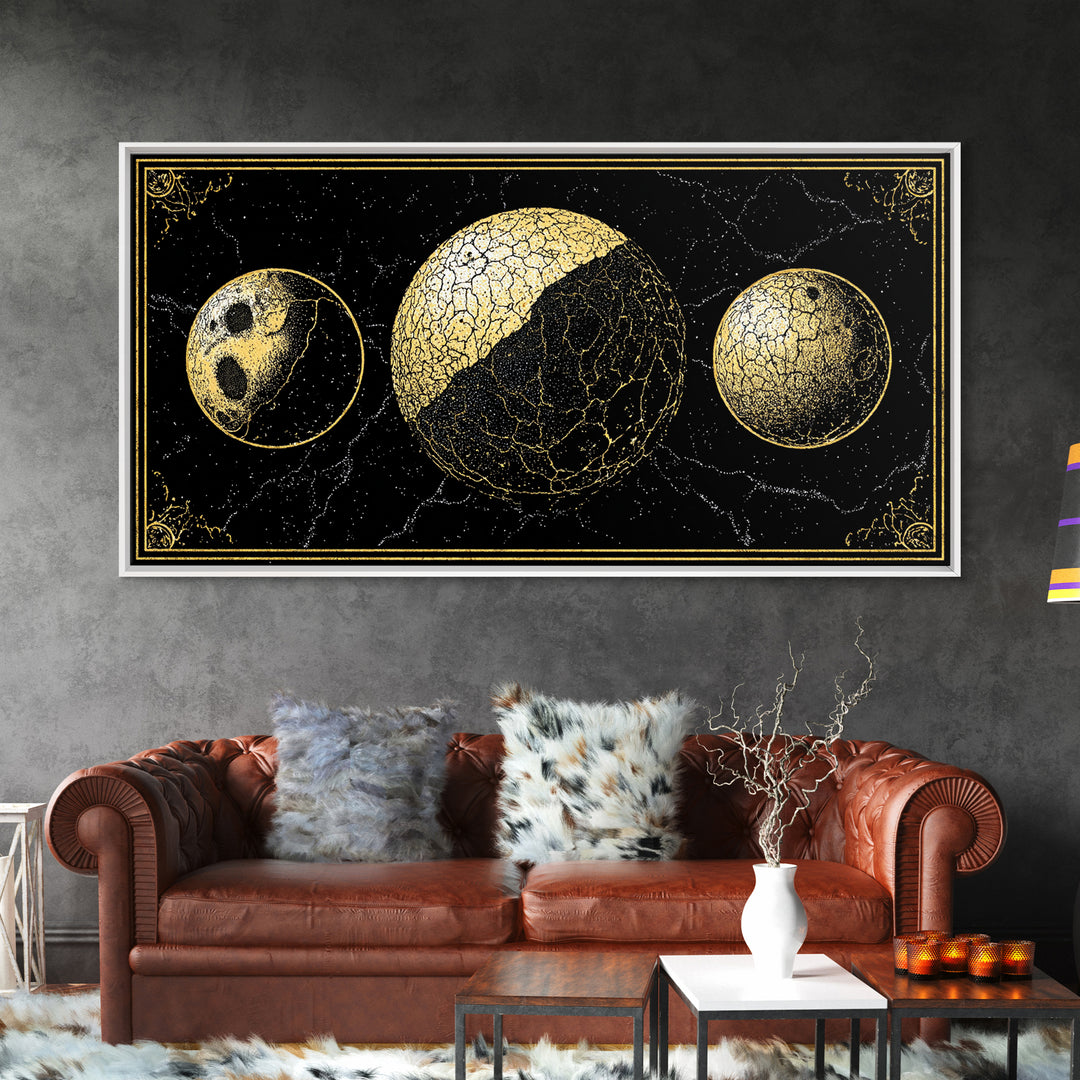 Gold Moon Phase Triptych Wall Art, Black Celestial Canvas Print, Lunar Astronomy Decor, Mystical Black And Gold Home Decor Gift