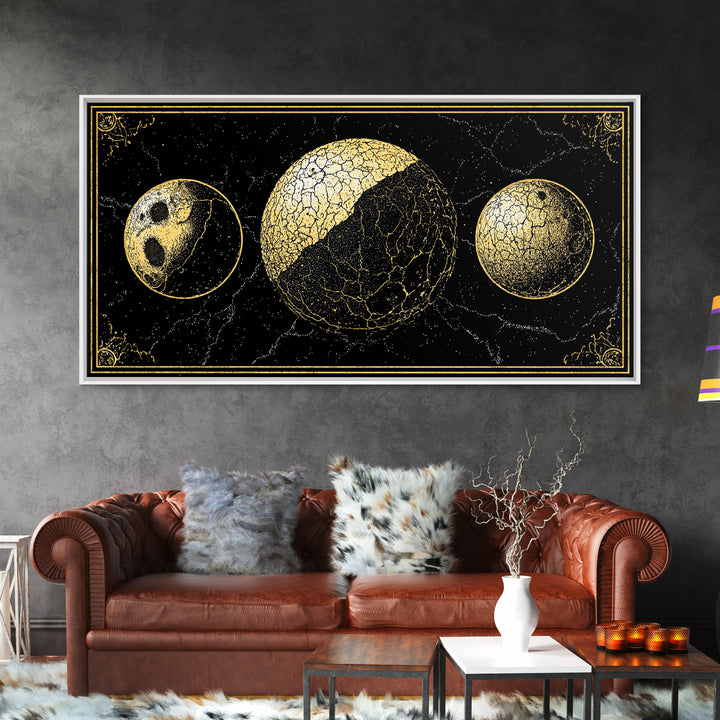 Gold Moon Phase Triptych Wall Art, Black Celestial Canvas Print, Lunar Astronomy Decor, Mystical Black And Gold Home Decor Gift