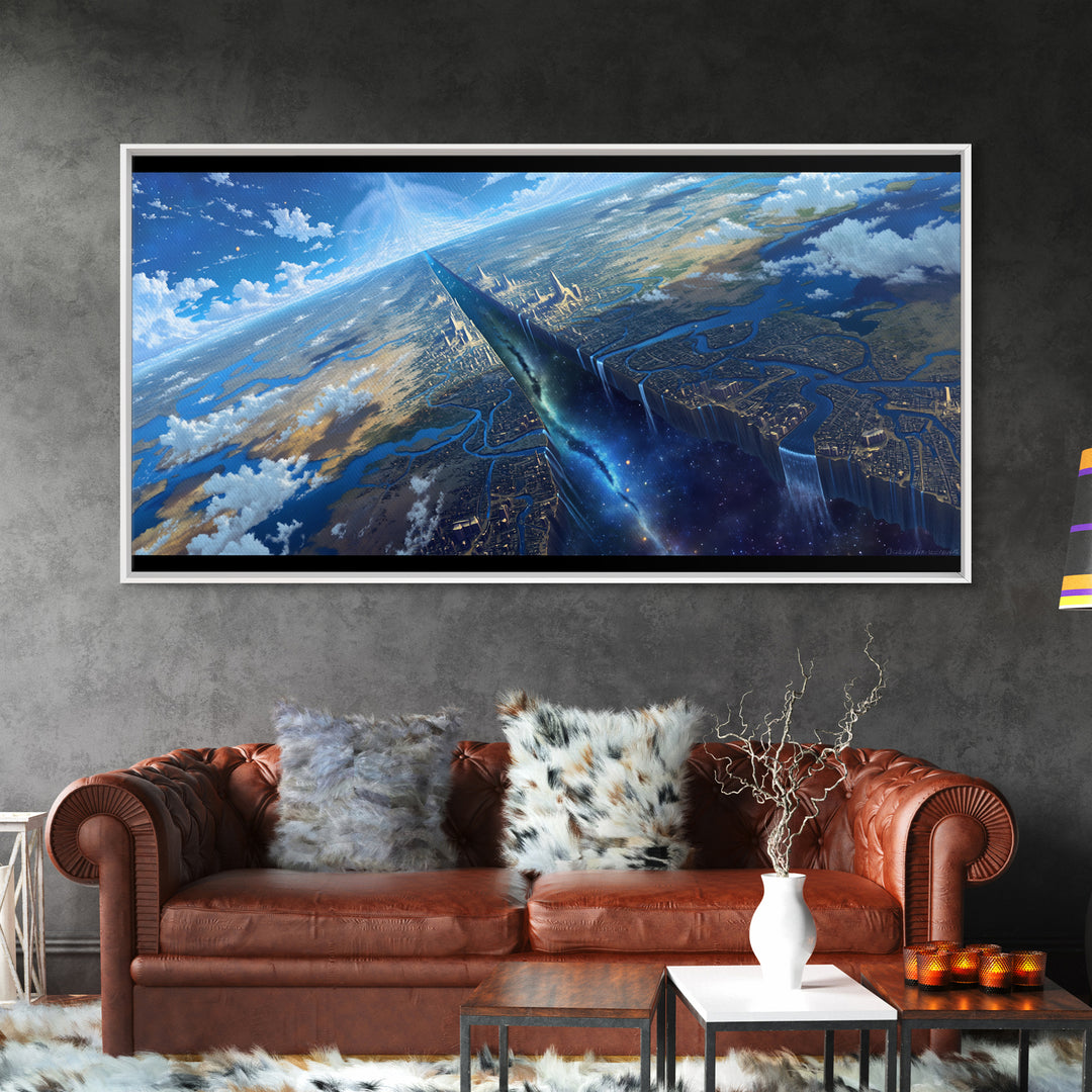 Futuristic Sky Spire Over Earth City Wall Art, Blue Sci Fi Landscape, Modern Canvas Art, Office Decor, Statement Wall Decor