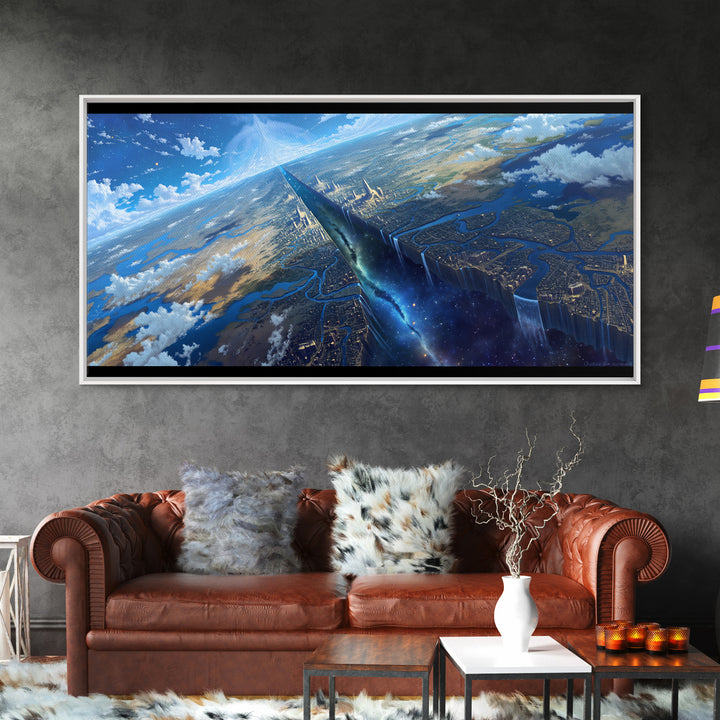Futuristic Sky Spire Over Earth City Wall Art, Blue Sci Fi Landscape, Modern Canvas Art, Office Decor, Statement Wall Decor
