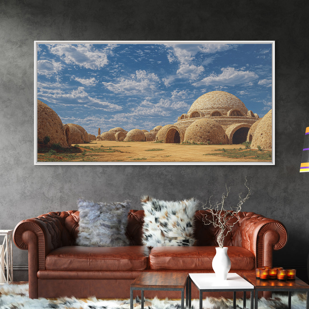 Sunlit Desert Dome Village Canvas Print, Earth Tone Wall Art, African Inspired Architecture, Boho Home Decor, Unique Wall Decor
