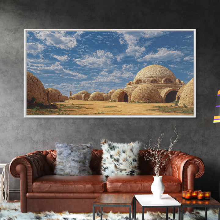 Sunlit Desert Dome Village Canvas Print, Earth Tone Wall Art, African Inspired Architecture, Boho Home Decor, Unique Wall Decor
