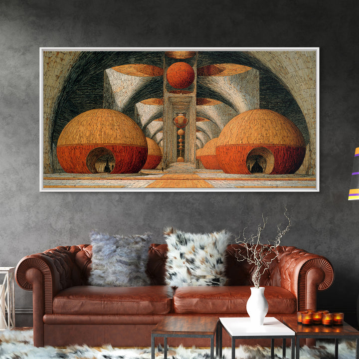 Abstract Orange Domes In Arched Hall Framed Canvas Print, Modern African Art Abstract, Geometric Wall Art, Bold Home Decor