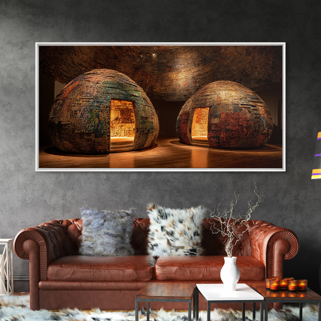 Glowing Woven Dome Huts Framed Canvas Print, Warm Earth Tone Wall Art, African Home Decor, Rustic Decor, Statement Piece