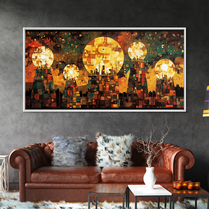 Golden Sun Mosaic City Wall Art, Abstract African Art Decor, Teal And Orange Canvas Print, Cultural Wall Art, Vibrant Decor
