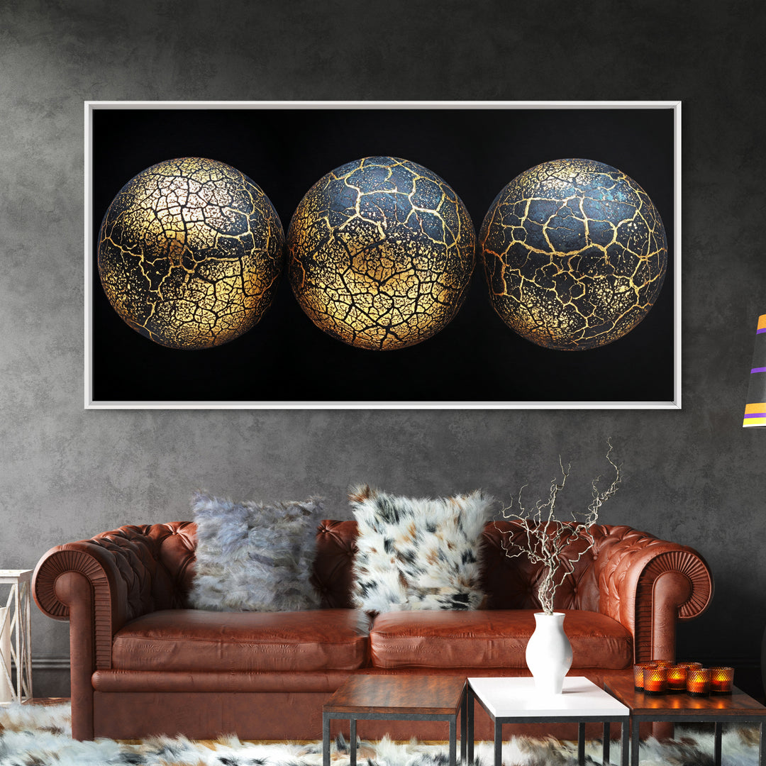 Three Cracked Gold Blue Planets Canvas Print, Celestial Abstract Wall Art, Black And Gold Art, Luxury Canvas Art, Office Decor