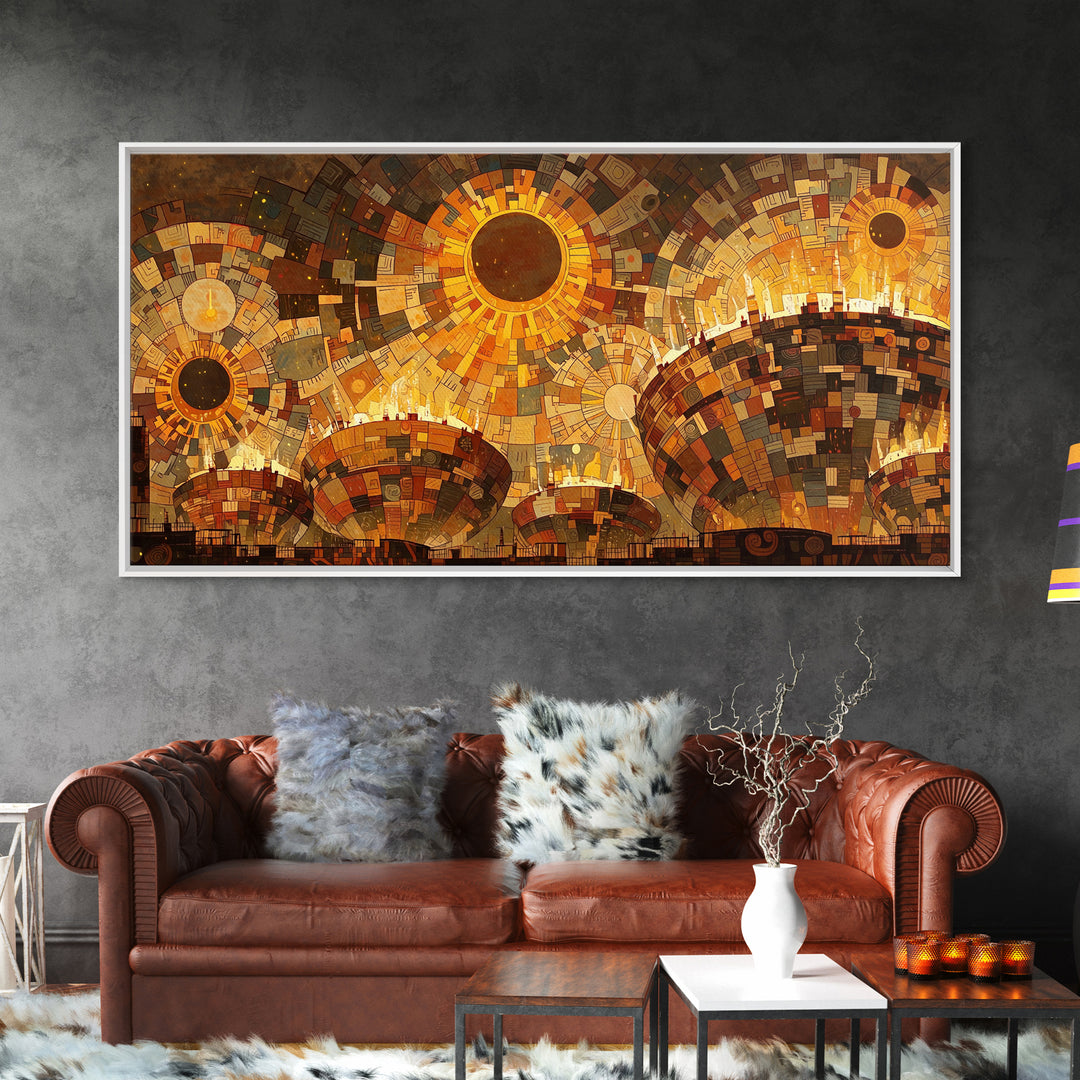 Radiant Golden Suns Over Dome City Wall Art, Abstract African Art Print, Burnt Orange Art, Modern Canvas Art, Bold Wall Decor