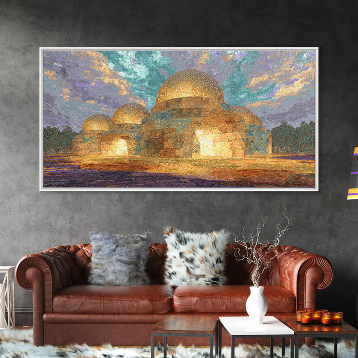 Glowing Golden Dome Palace Canvas Print, Dreamy Wall Art, African Inspired Architecture, Teal And Gold Decor, Elegant Home Art