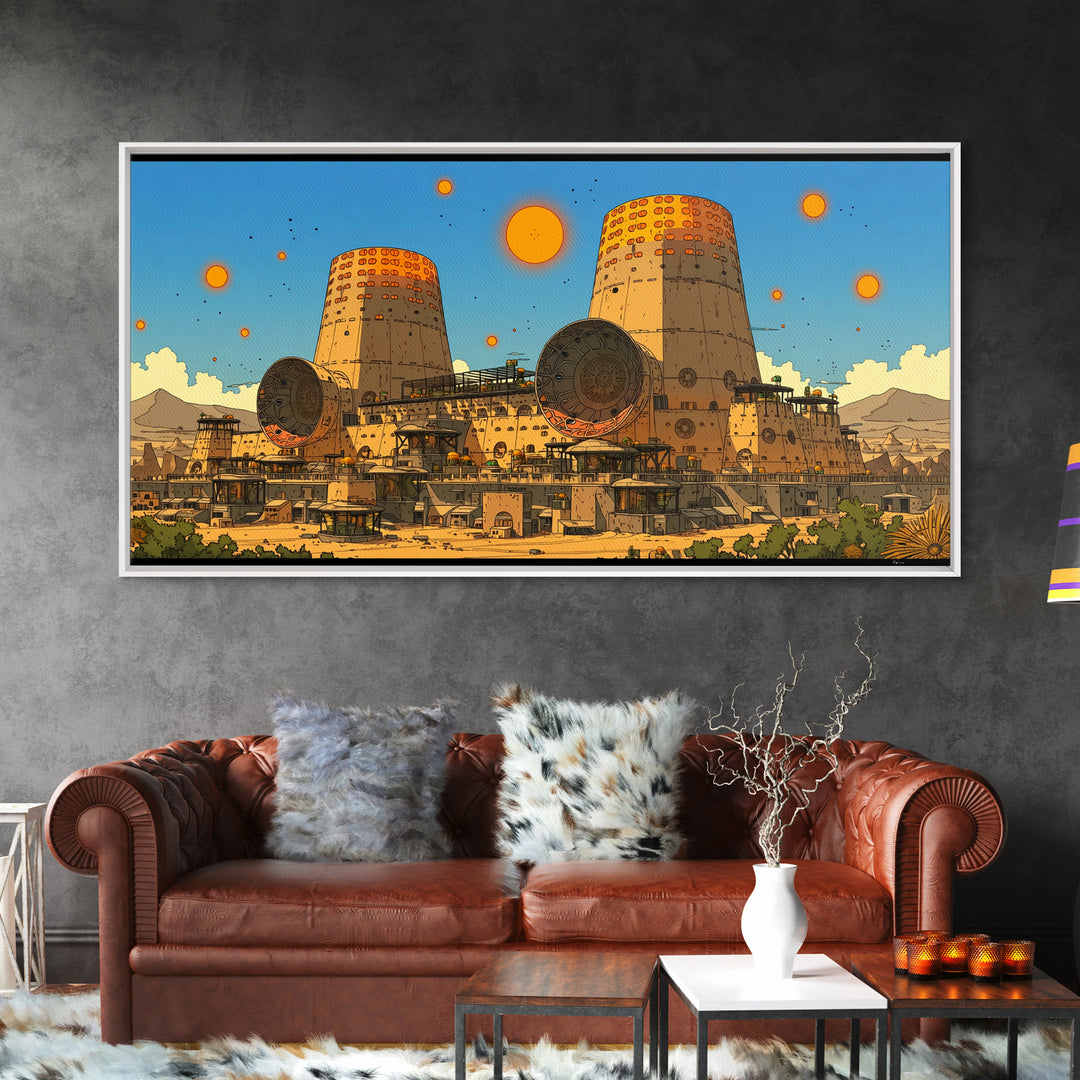 Desert Towers And Orange Suns Wall Art, Sci Fi African Inspired Settlement, Canvas Print, Modern Wall Decor, Unique Home Decor