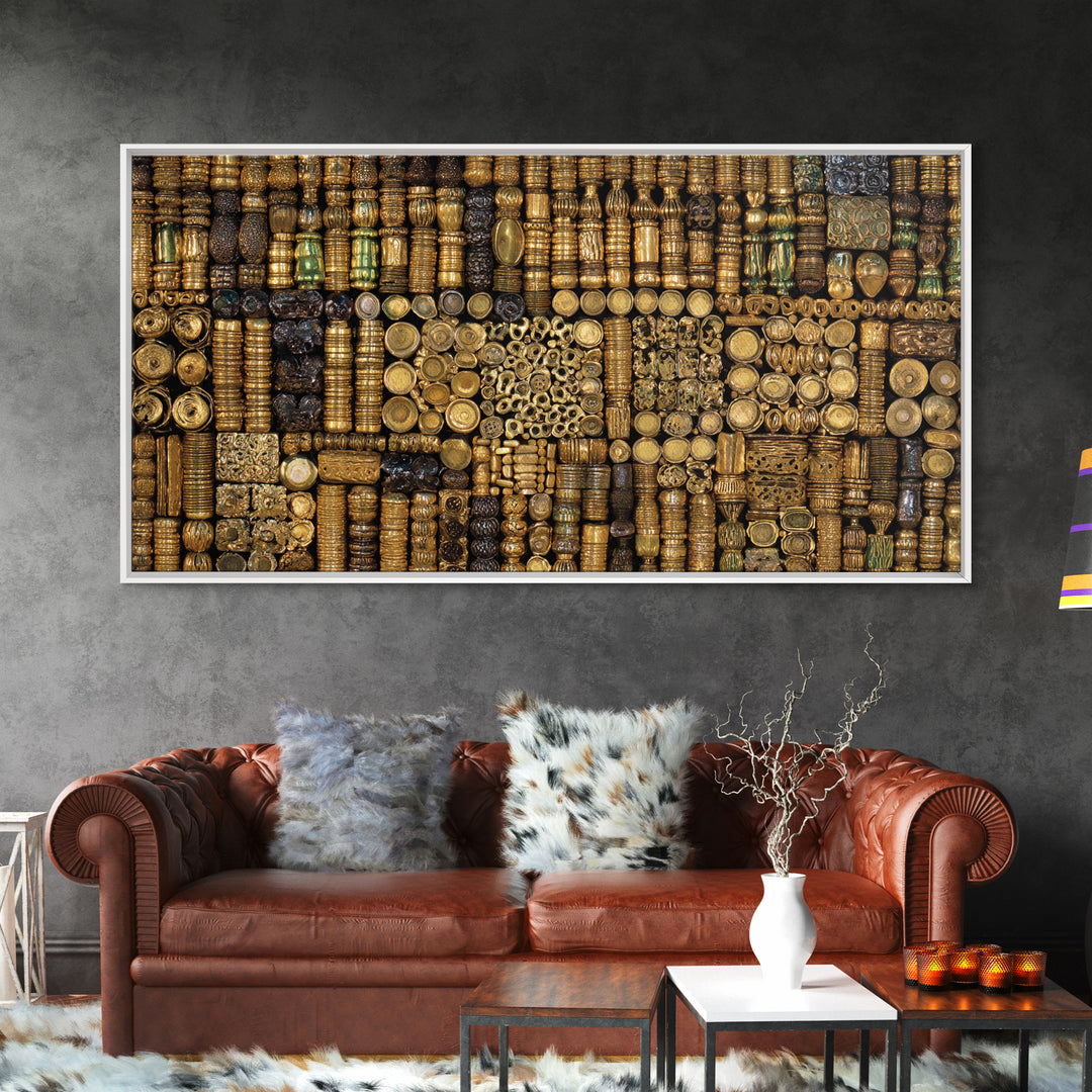 Gold African Bead Mosaic Wall Art, Afrocentric Decor Canvas Print, Tribal Jewelry Pattern, Black Gold Luxury Home Decor Gift
