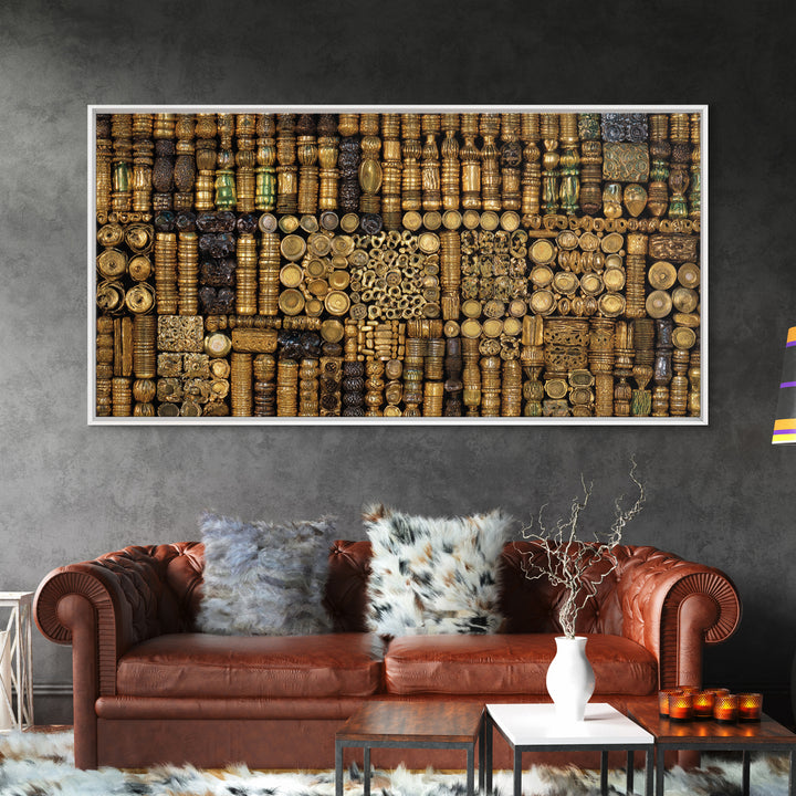 Gold African Bead Mosaic Wall Art, Afrocentric Decor Canvas Print, Tribal Jewelry Pattern, Black Gold Luxury Home Decor Gift