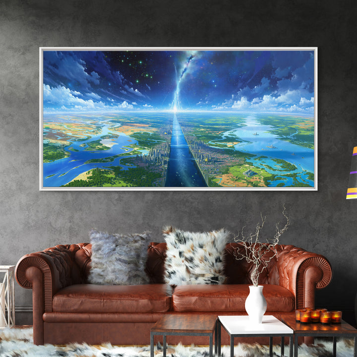 Blue Futuristic Cityscape Wall Art, Dreamy Landscape Canvas Print, Modern Canvas Art, Sci Fi Skyline Living Room Decor Gift