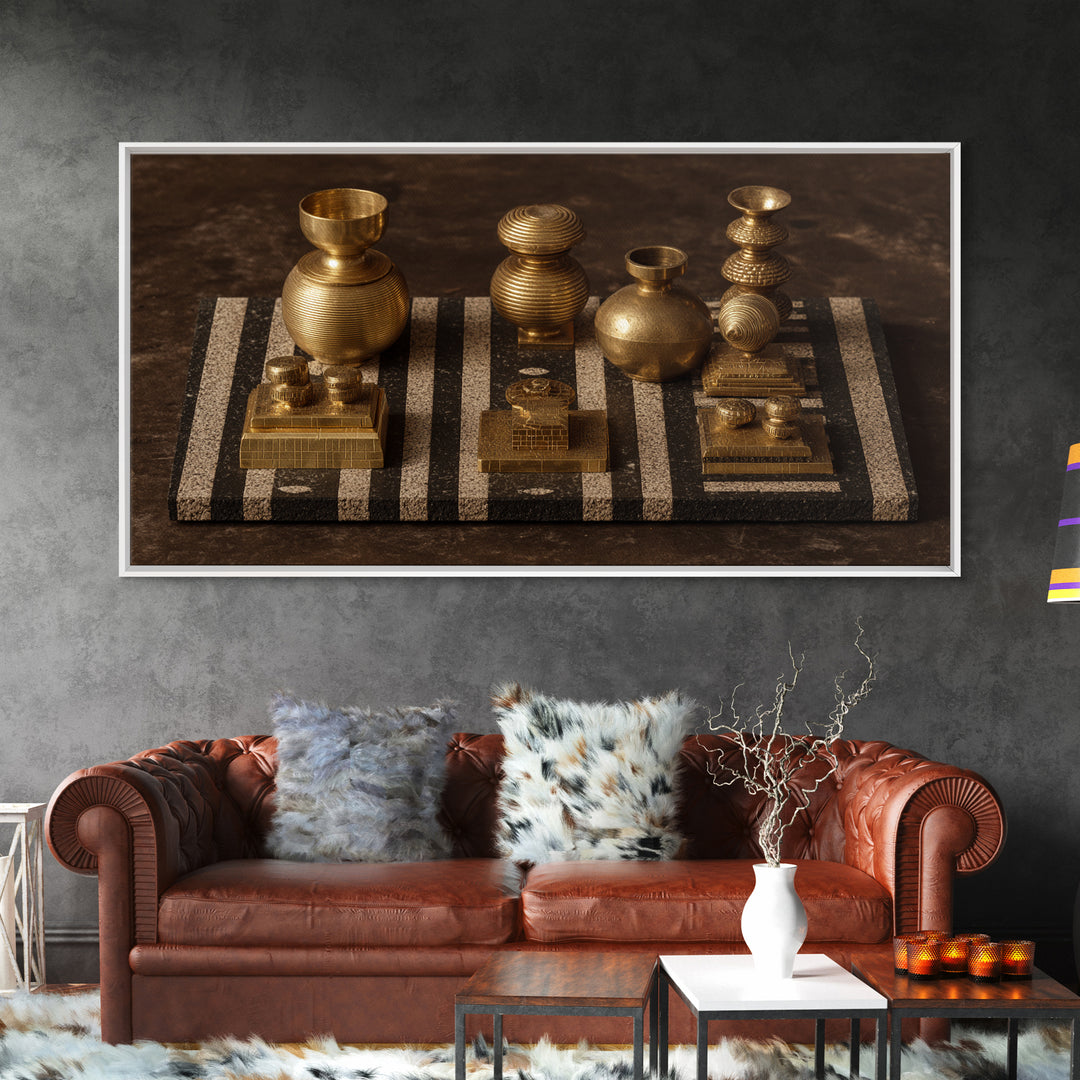 Golden Vessels On Striped Textile Wall Art, African Home Decor Canvas Print, Tribal Gold Still Life, Elegant Office Decor