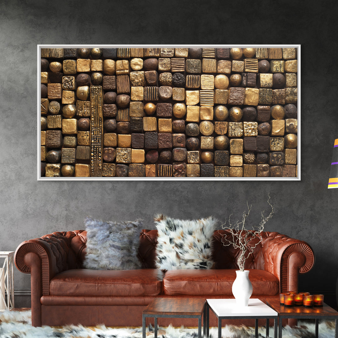 Bronze Gold Textured Mosaic Wall Art, Abstract African Art Canvas Print, Earth Tone Geometric Pattern, Bold Home Decor Gift