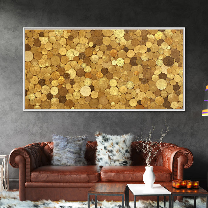 Golden Coin Disc Mosaic Wall Art, African Inspired Canvas Print, Textured Art Print, Gold Circle Pattern Home Decor Gift