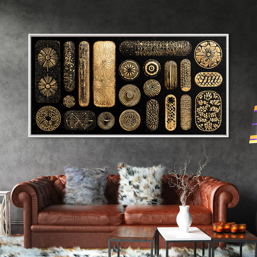 Black Gold Tribal Pattern Wall Art, African Abstract Canvas Print, Geometric Symbols, Luxury Statement Boho Home Decor Gift