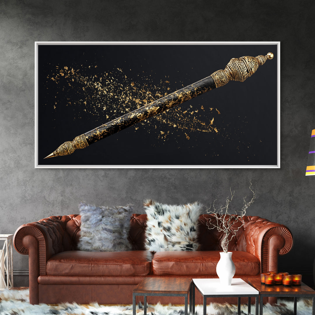 Ornate Black Gold Ceremonial Spear Canvas Print, African Warrior Art, Tribal Wall Decor, Afrocentric Luxury Home Decor Gift