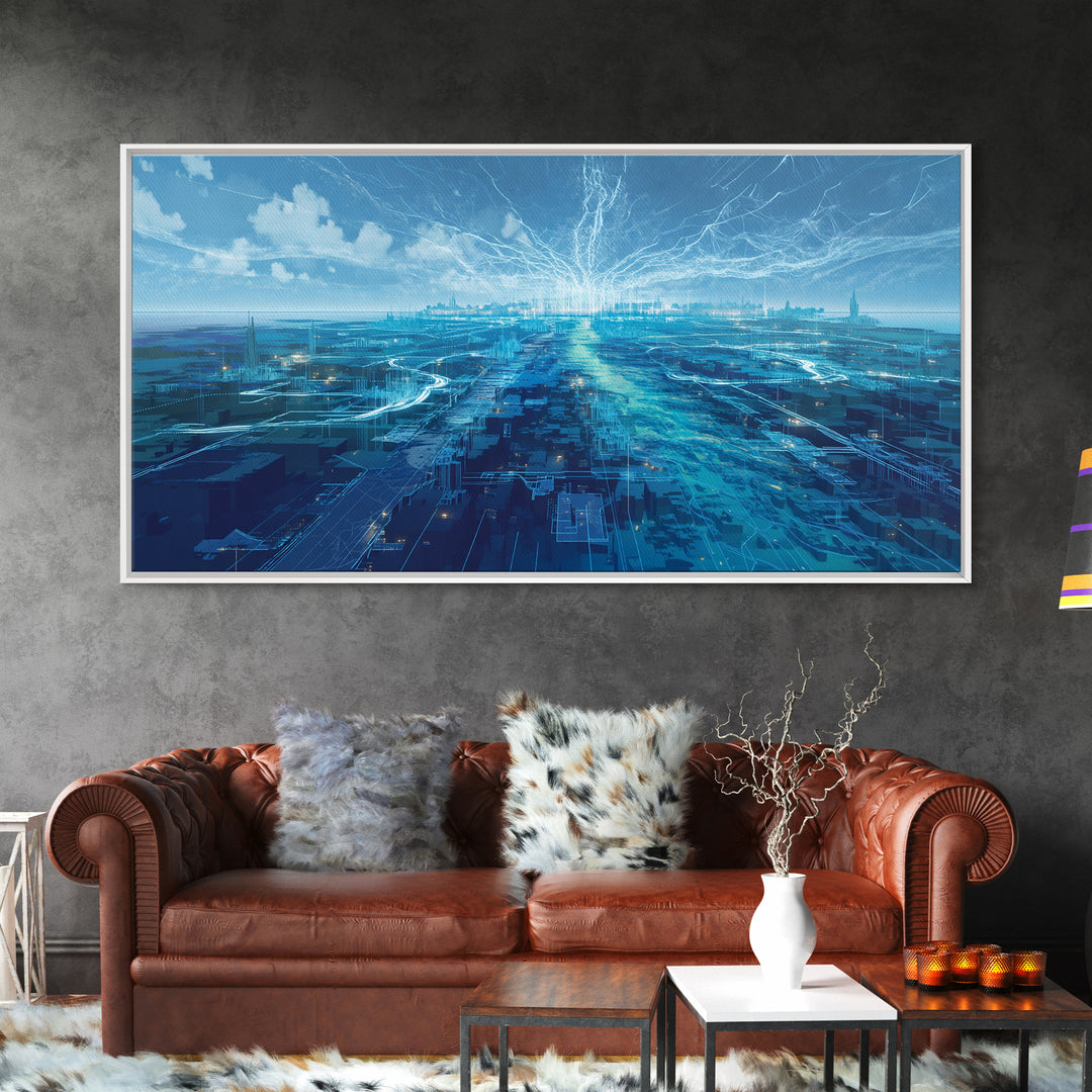 Blue Futuristic Digital Cityscape Wall Art, Afrofuturism Decor, Modern African Inspired Office Art, Luminous Skyline Print