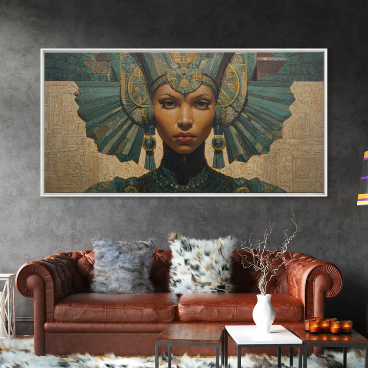 Regal Egyptian Queen Headdress Canvas Print, African Portrait Wall Art, Teal Gold Cultural Decor, Goddess Home Decor Gift