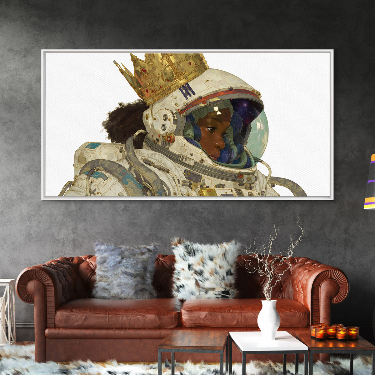 Crowned Black Girl Astronaut Framed Canvas Print, Afrofuturism Wall Art, Black Queen Portrait, Space Galaxy Home Decor Gift