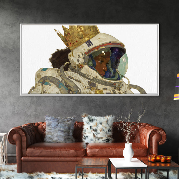 Crowned Black Girl Astronaut Framed Canvas Print, Afrofuturism Wall Art, Black Queen Portrait, Space Galaxy Home Decor Gift