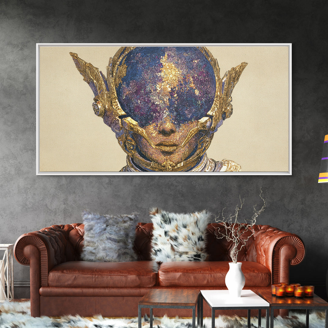 Cosmic Gold Goddess Face Wall Art, African Abstract Portrait, Mystical Afrocentric Decor, Fantasy Figure Luxury Canvas Print