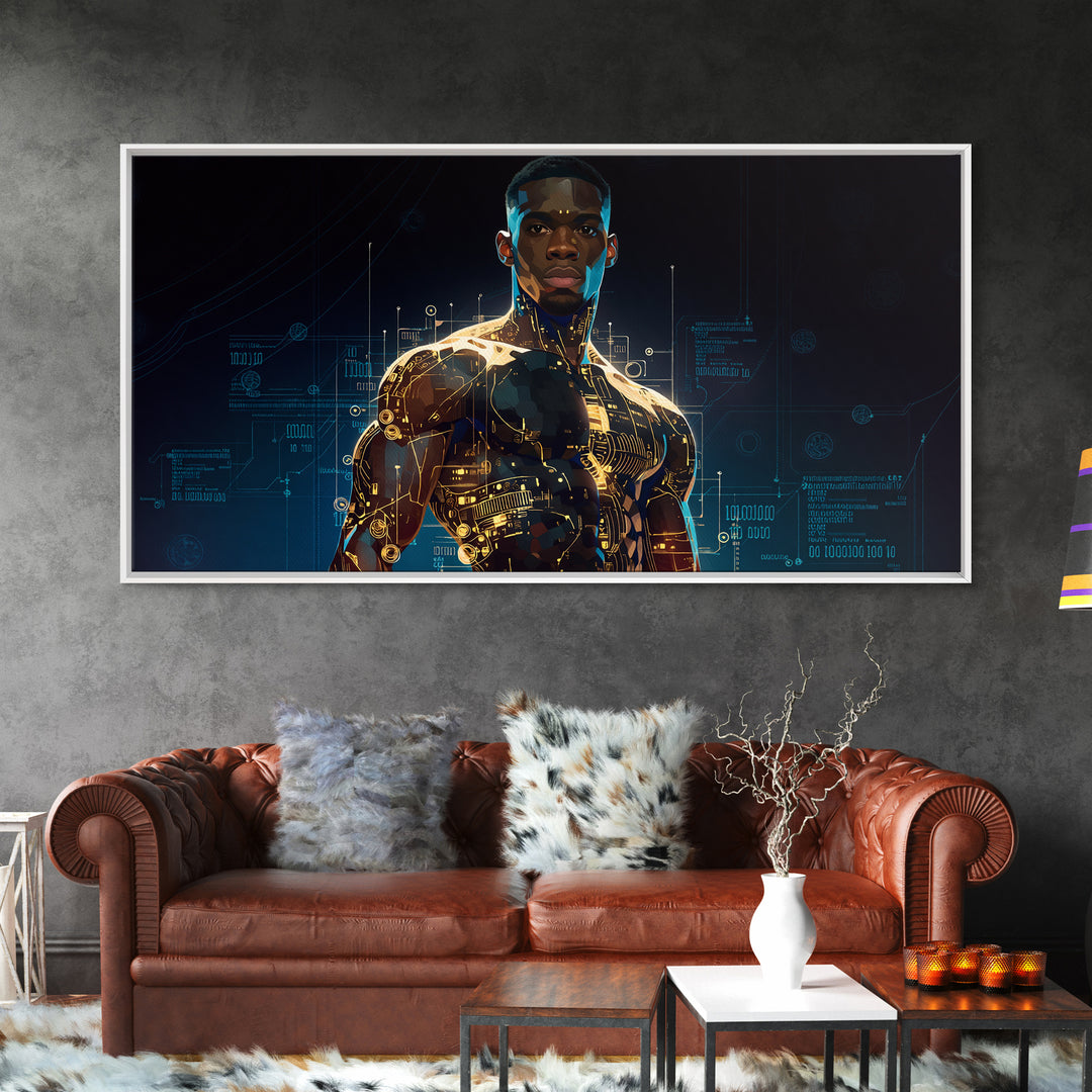 Powerful Black Cyborg Warrior Wall Art, Afrofuturism Decor, African American Art, Futuristic Tech Portrait Canvas Print Gift