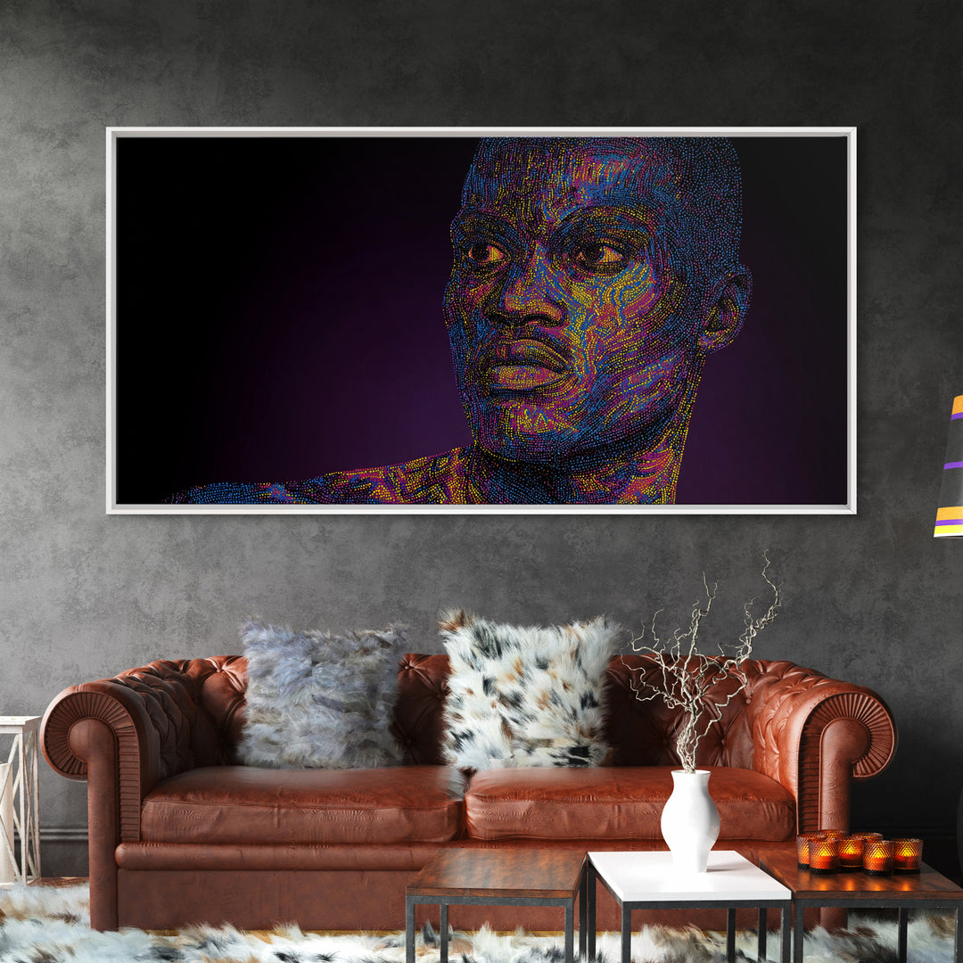 Neon Pointillist Black Man Portrait Canvas Print, African American Wall Art, Digital Afro Art, Modern Masculine Home Decor