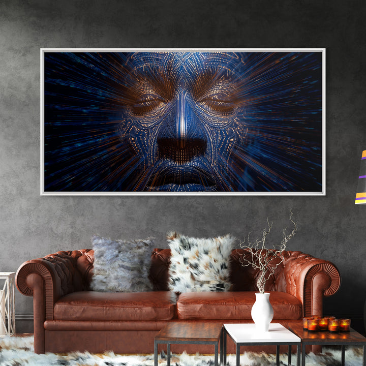 Blue Orange Digital Tribal Face Wall Art, African Mask Art, Afrofuturism Decor, Abstract Black Art, Statement Canvas Print