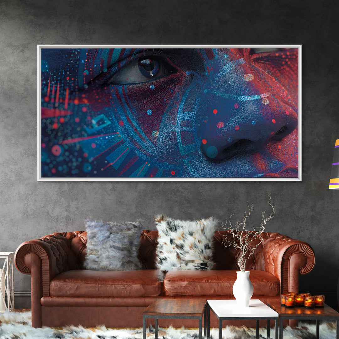 Blue Red Afro Futurist Face Close Up Wall Art, African Portrait, Black Beauty Art, Tribal Art Decor, Modern Canvas Print