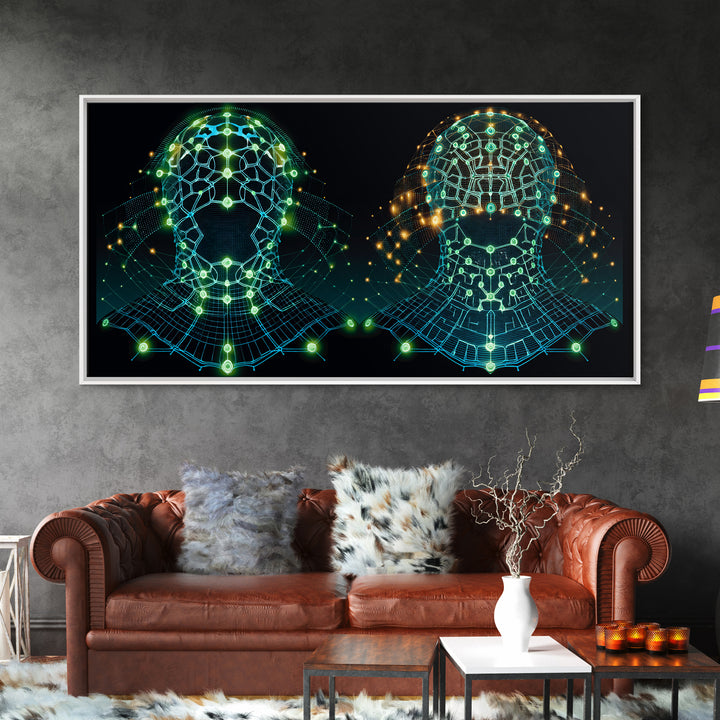Glowing Cyber African Masks Canvas Print, Afrofuturism Decor, Tribal Mask Art, Digital Wall Art, Afrocentric Home Decor Gift