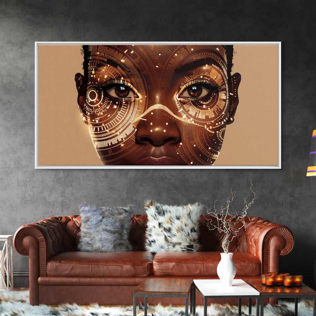 Golden Circuit African Woman Portrait Framed Canvas Print, Black Female Art, Afrocentric Wall Art, Luxury Canvas Art Decor