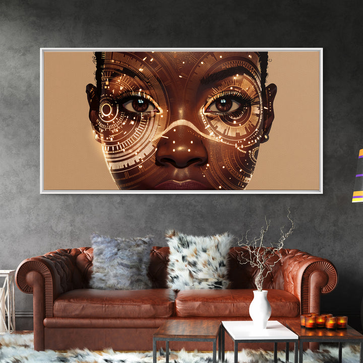 Golden Circuit African Woman Portrait Framed Canvas Print, Black Female Art, Afrocentric Wall Art, Luxury Canvas Art Decor