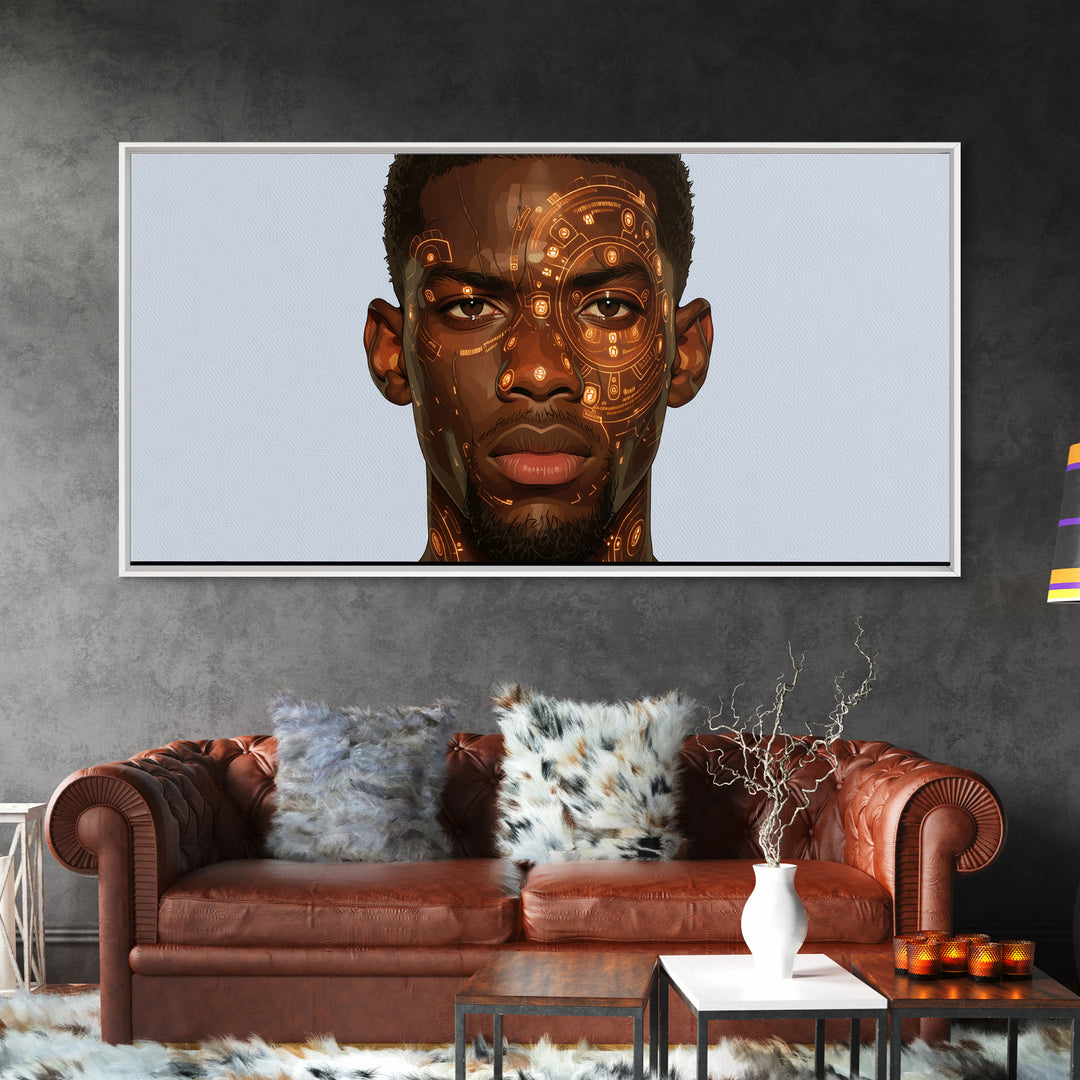 Orange Cyber Tribal Black Man Portrait Wall Art, African Portrait, Black Man Wall Art, Afrocentric Decor, Modern Canvas Art