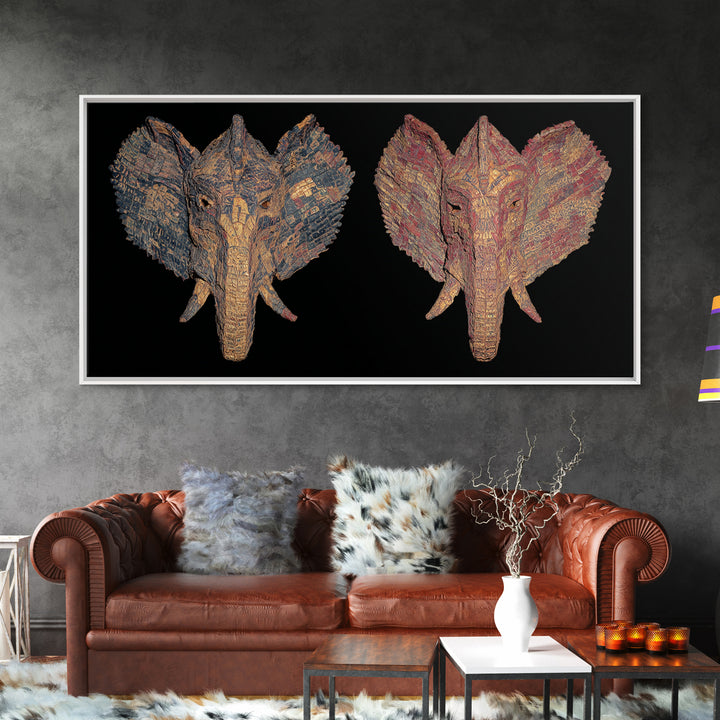 Textured Twin Elephant Mask Canvas Print, African Elephant Art, Tribal Mask Canvas, Safari Decor, Unique Wall Decor Gift
