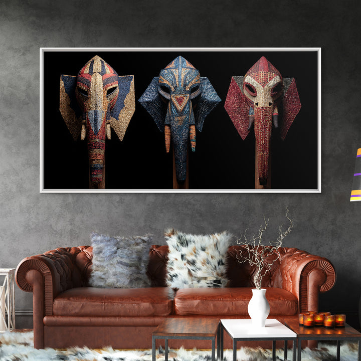 Three Beaded Elephant Tribal Masks Framed Canvas Print, African Mask Art, Safari Wall Art, Colorful African Art Decor Gift